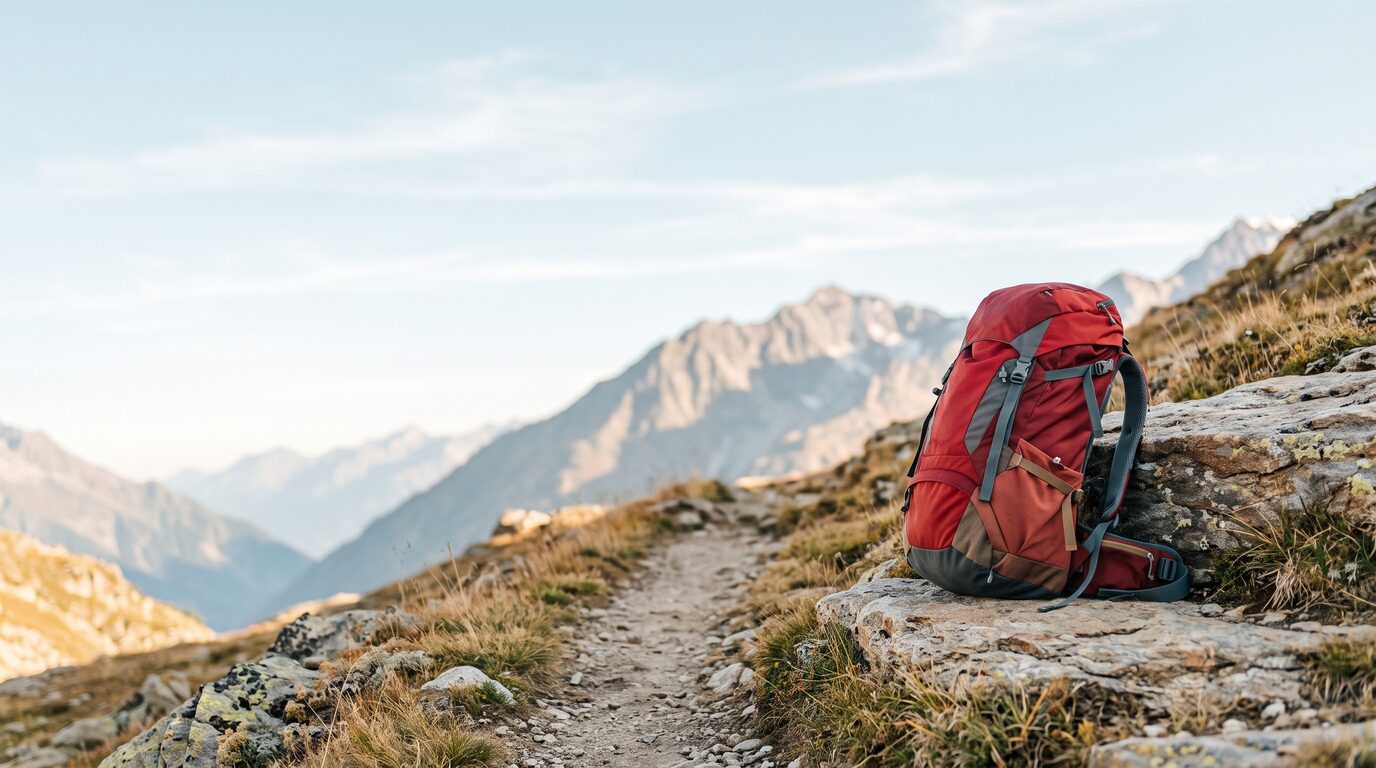 Roter Wanderrucksack lehnt an einem Felsblock neben einem schmalen Bergweg, im Hintergrund Alpengipfel im Morgenlicht